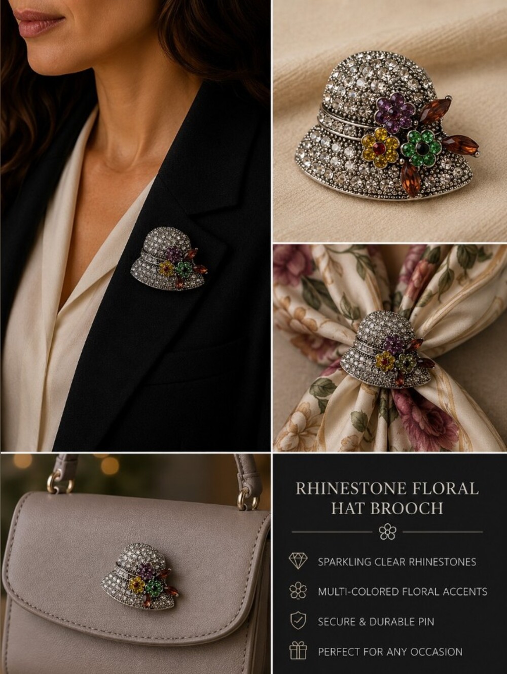 Rhinestone Floral Hat Brooch - Silver with Multi-Colored Accents